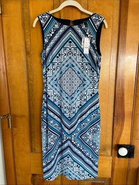 White House Black Market Reversible Navy & Blue Geometric Midi Sheath Dress